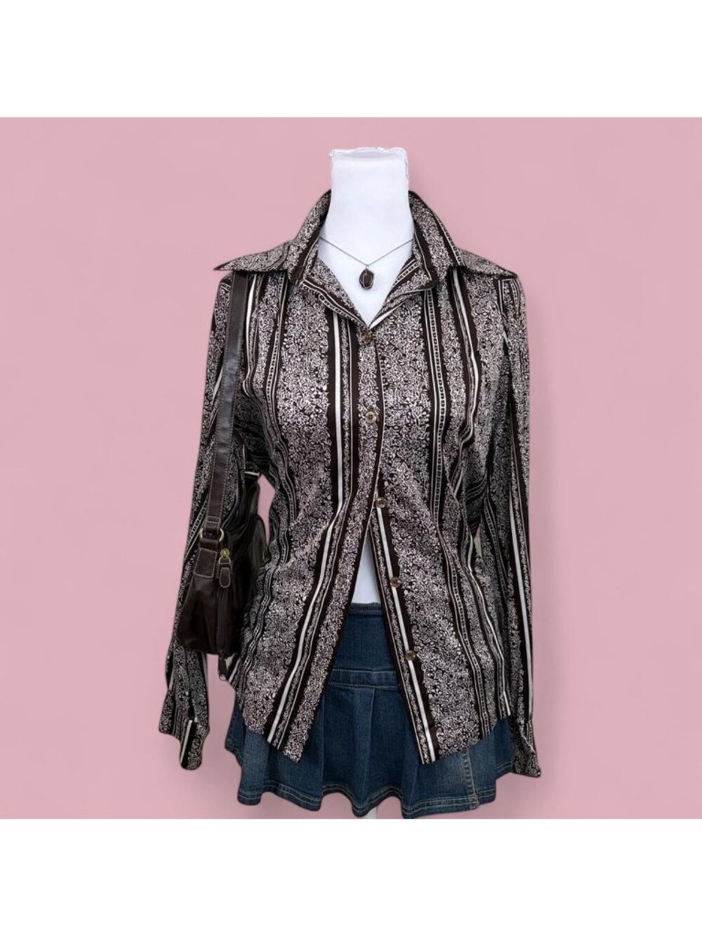 80s brown striped retro boho satin button down shirt